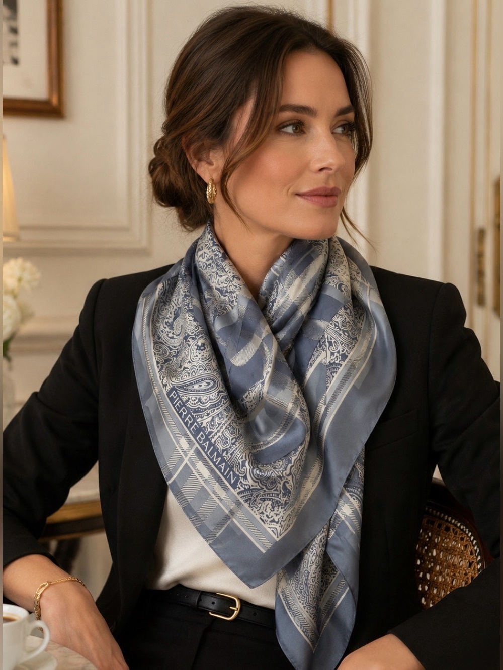 Pierre Balmain paisley silk scarf baby blue 33” x 33”
